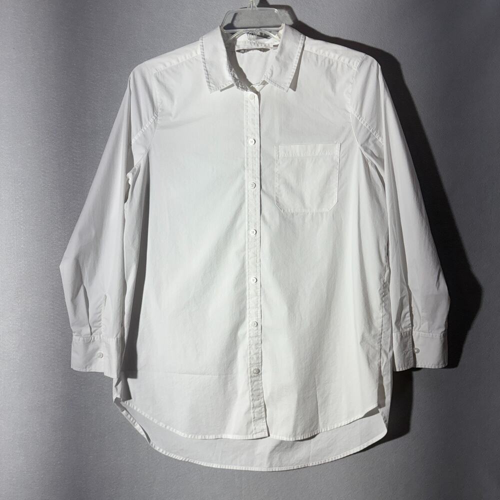 Athleta White Button Down Shirt Womens Large Long Sleeve Pocket Poplin Stretch